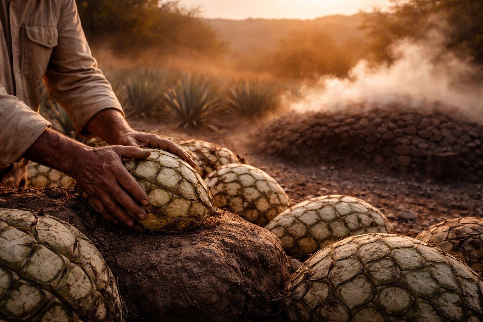 Hands harvesting mature agave at the source