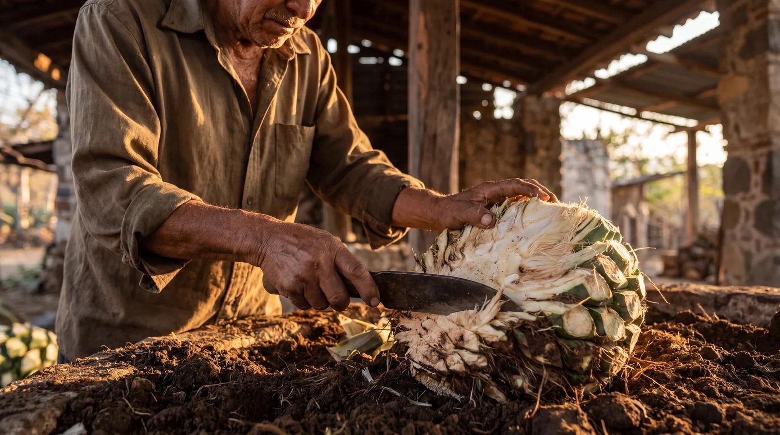 A jimador preparing agave by hand